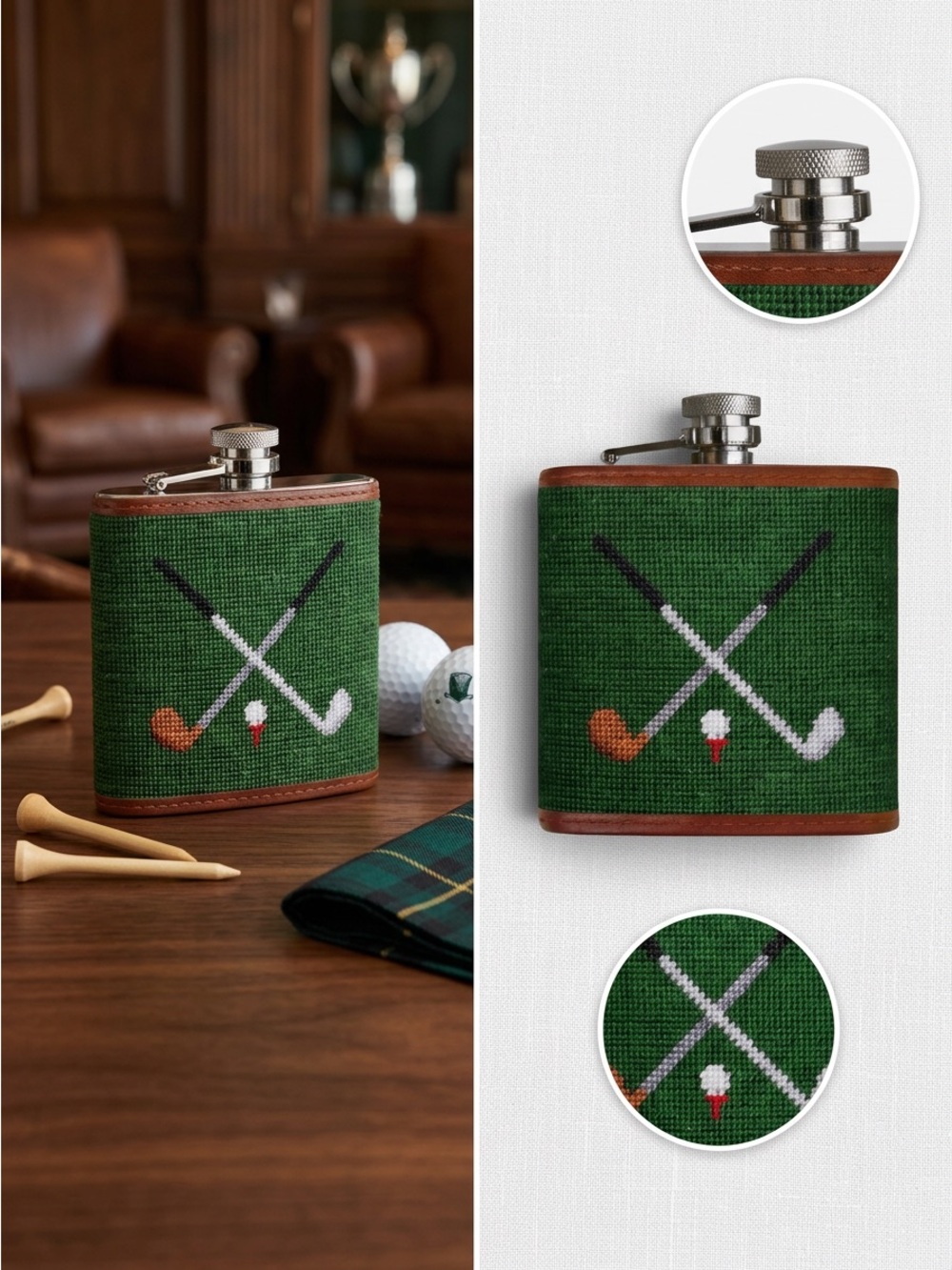 Smathers &Branson Needlepoint Flask 6oz Stainless Steel Golf Clubs Green Leather